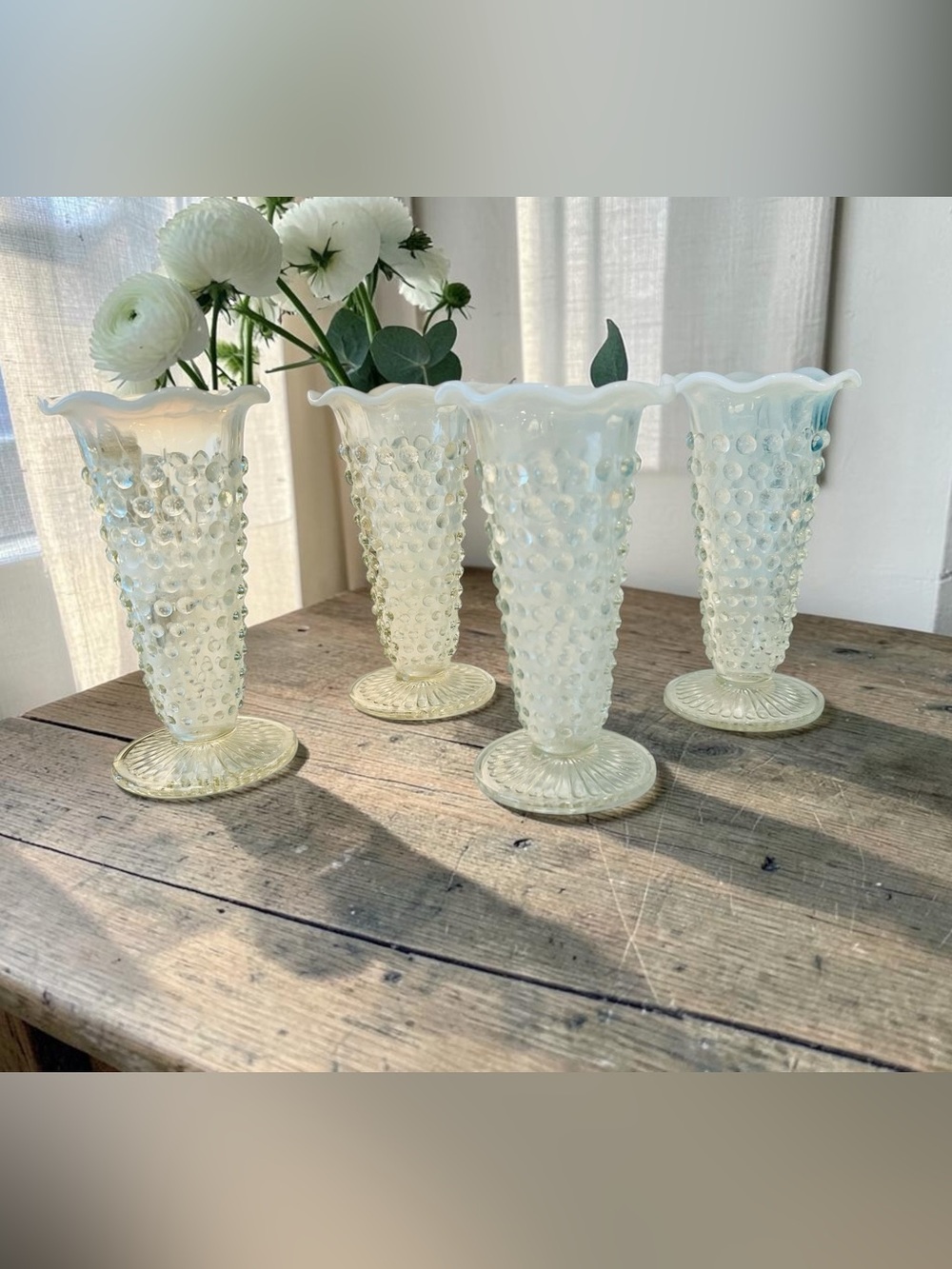 Vintage Anchor Hocking Moonstone Opalescent Hobnail Bud Vases Set of 4 Ruffled 5